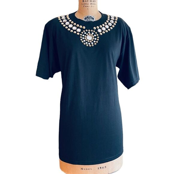 Black Diamante and gold studded short sleeve T-shirt size 1X - Picture 2 of 10